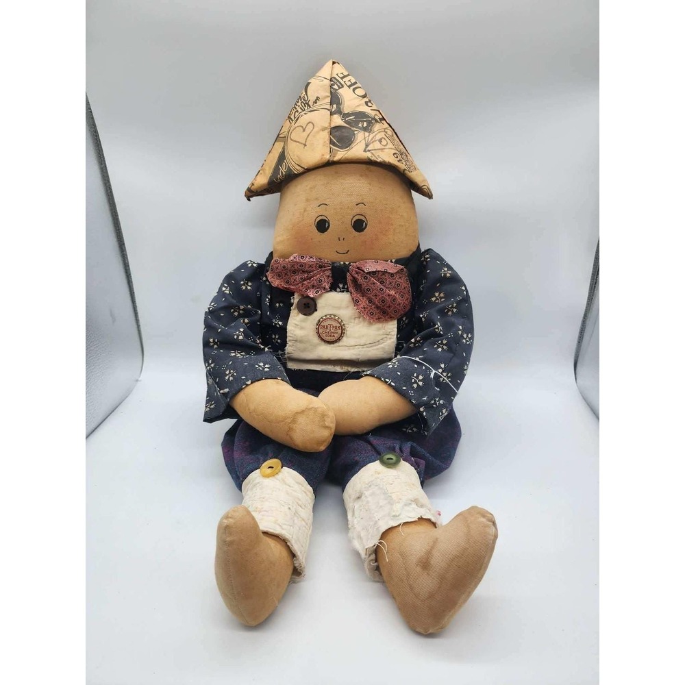 Vintage Handmade Primitive Folk Art Cloth Doll Par-T-Pak Soda Cap Newsprint Hat